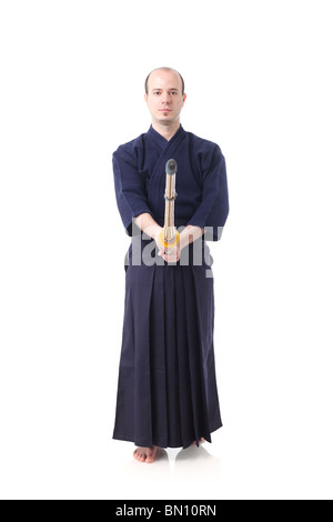 Porträt eines Kendo Kämpfer mit Shinai Stockfoto