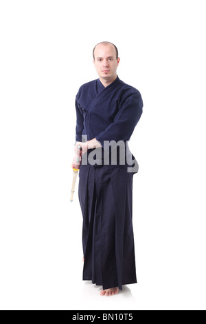 Porträt eines Kendo Kämpfer mit Shinai Stockfoto