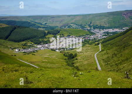 Bwlch y Clawdd, blickte in Richtung Cwm Parc und Treorchy in Süd-Wales, UK Stockfoto