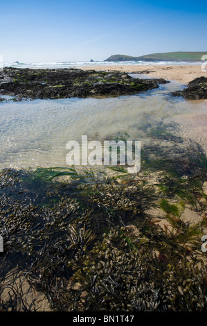 Felsenpools und Strand von Konstantin Bay, Cornwall, UK Stockfoto