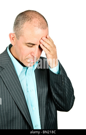 Porträt des depressiven Menschen isoliert auf weißem Hintergrund Stockfoto