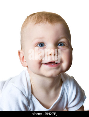 Gesunder 10 Monate alten kaukasischen Baby Junge schaut im Vorgriff auf und er lächelt für die Kamera. Stockfoto