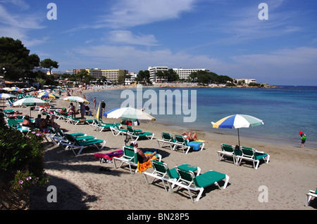 Strandblick, Es Canar, Santa Eularia des Riu, Ibiza, Balearen, Spanien Stockfoto