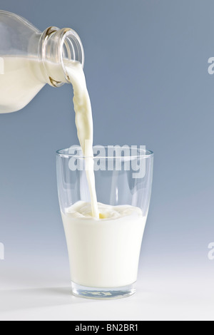 Frischen weiße Milch aus der Flasche gießen in ein Glas Stockfoto