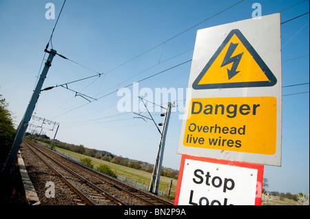 Warnzeichen neben einer Bahnlinie in England. Stockfoto