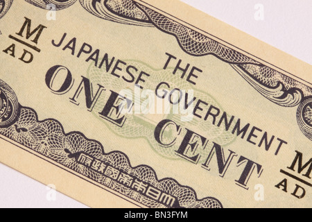 Japanische Regierung ausgestellt 1 Cent Cent Dollar Banknote Währung ausgestellt im 2. Weltkrieg besetzten Südostasiens Stockfoto