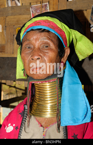 Kayan (Volksgruppe) Frau auch genannt Longneck tragen goldene Ringe um den Hals, Mae Hong Son, Nord-Thailand, Asien Stockfoto