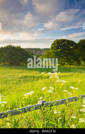 Sommer Sonnenuntergang über ein Feld mit Blick auf das Dorf von morgen und Tyne Valley, Northumberland, England Stockfoto