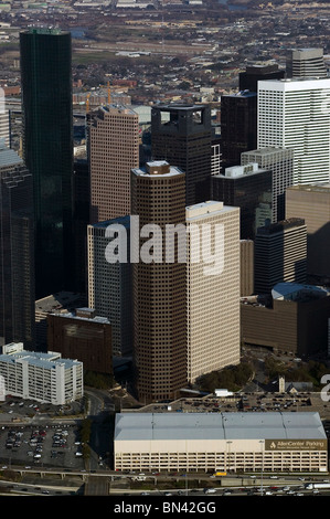 Luftaufnahme über dem Bankenviertel Allen Center Downtown Houston Texas Stockfoto
