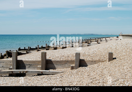 Hölzerne Buhne (Leiste) Küstenschutzes am Kiesstrand in Bognor Regis. West Sussex. England Stockfoto