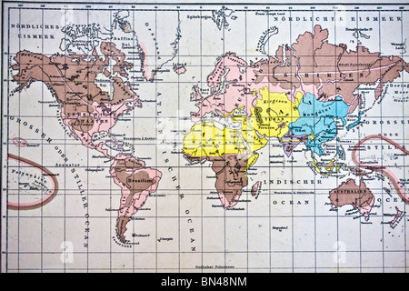 Karte der Welt. Weltkarte. Handgefertigt in 1881 Stockfoto