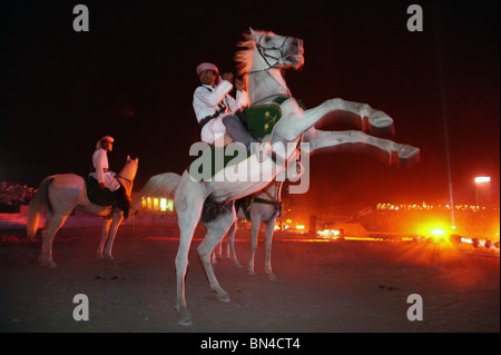 Ein Fahrer in traditionelle arabische Kleidung auf einem Aufzucht Pferd, Dubai, Vereinigte Arabische Emirate Stockfoto