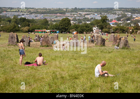 Der Steinkreis in Kings Wiese, Glastonbury Festival 2010 Stockfoto