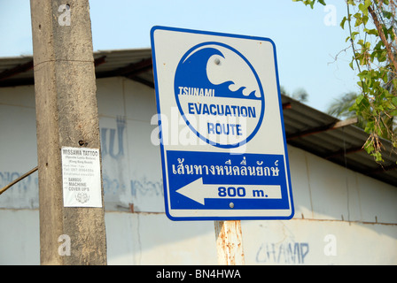 Ein Tsunami-Evakuierung-Zeichen zeigt die empfohlene Route Fluchtwege im Fall eines Flutwelle, Ko Lanta, Thailand Stockfoto