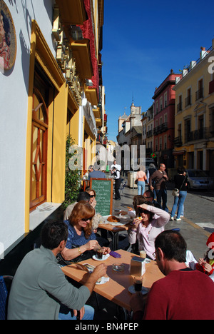 Straßencafé in das Viertel Santa Cruz, Sevilla, Provinz Sevilla, Andalusien, Spanien, Westeuropa. Stockfoto