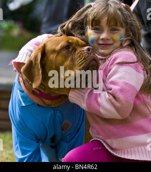 Hund trägt uruguayischen Fußball Team Shirt feiert Stockfoto