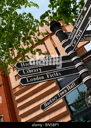 Touristischen Zeichen außerhalb der Hackney Empire Theatre in East London UK mit Wegbeschreibung zum Museum und andere Sehenswürdigkeiten Stockfoto