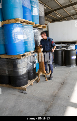 Korrekturen Offizier Hundeführer mit k-9 Suche Boxen im Gefängnis-Lager. Nebraska State Penitentiary. Stockfoto