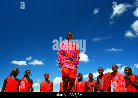 Masai Krieger tanzen traditioneller Tanz. Afrika. Kenia. Masai Mara. Nur zur redaktionellen Verwendung Stockfoto