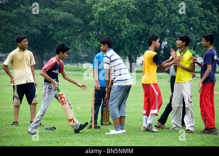 Jungs spielen Cricket, Maidan Kalkutta West Bengal Indien Stockfoto