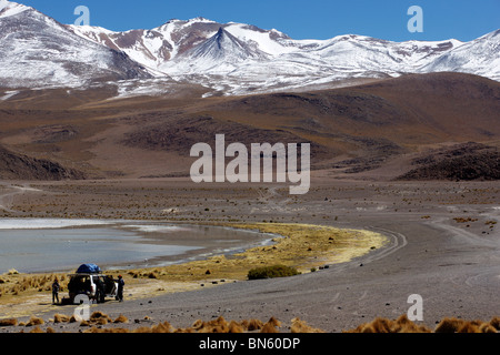 Ein 4WD Toyota Landcruiser Jeep durchquert die Wüste südlichen Altiplano in Bolivien Stockfoto