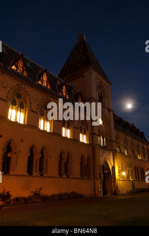 Das neugotische Gebäude von Oxford Natural History Museum in der Abenddämmerung bei Vollmond. Stockfoto