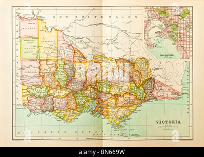 Alten 1900 Karte des Staates Victoria, Australien, unterteilt in Grafschaften. Stockfoto