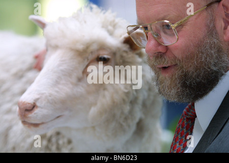 Professor Ian Wilmut steht neben Dolly das Schaf, (die Schafe, dass er Klon, helfen die Welt zu erschaffen ist zuerst Tier geklont). Stockfoto