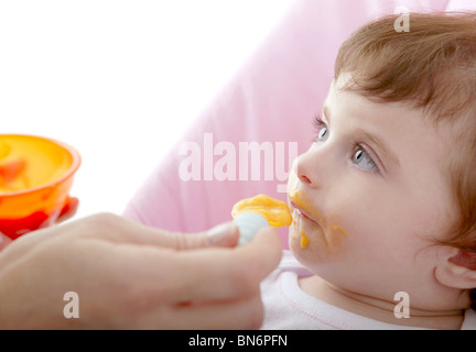 Mutter Fütterung Baby gelbe Löffel weißen Hintergrund Stockfoto