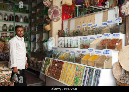 Afrikanischer Markt; Gewürzhändler in seinem Geschäft, dem Markt, Assuan, Oberägypten Afrika Stockfoto