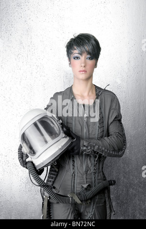 Mode Silber Frau Raumschiff Astronauten Helm Platz Metapher Stockfoto