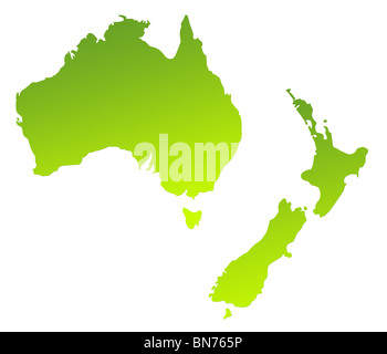 Grüne Gradienten Karte von Australien und Neuseeland isoliert auf einem weißen Hintergrund. Stockfoto