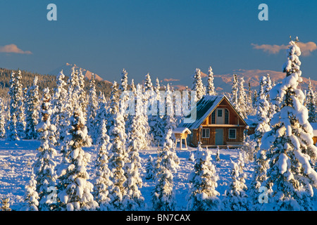 Kabine & Cache in der Nähe von Glenn Highway Alaska Winter malerische Stockfoto