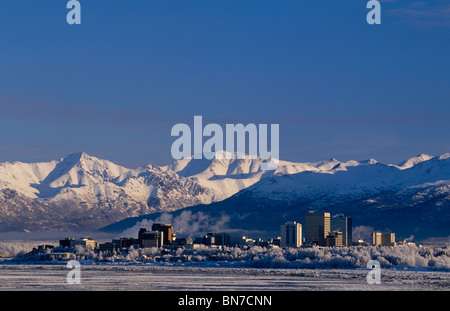 Anchorage Skyline & Raureif auf Bäumen Chugach MTS. Winter Stockfoto