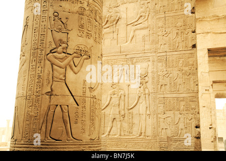 Bas-Relief Alabaster-Schnitzereien am Tempel des Horus und Sobek, Kom Ombo, Oberägypten Stockfoto