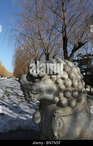 China, Peking, Ming-Dynastie-Gräber, Grab Changling, Statuen eines Löwen Futter die Heilige Straße Stockfoto