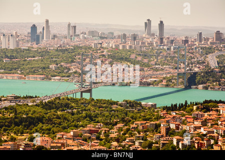 Panoramablick über die Bosporus-Brücke über den Bosporus vom Camlica Hügel auf der asiatischen Seite von Istanbul, Istanbul, Türkei Stockfoto