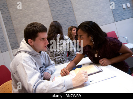 Brooklyn, NY, 2009 - College-Studenten arbeiten und miteinander reden in der Schulbibliothek.  -Modell veröffentlicht. Stockfoto