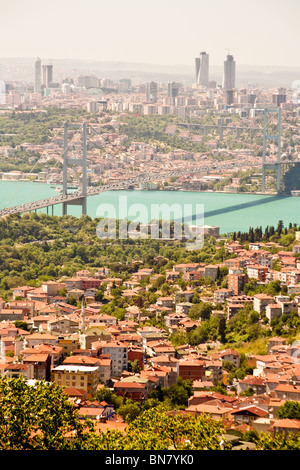 Panoramablick über die Bosporus-Brücke über den Bosporus vom Camlica Hügel auf der asiatischen Seite von Istanbul, Istanbul, Türkei Stockfoto