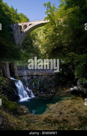 Eine verlassene Staudamm am Fluss Radovna in der Vintgar-Schlucht, in der Nähe von Bled, Slowenien unterquert eine moderne Eisenbahnbrücke Stockfoto