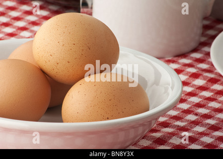 Nahaufnahme von gekochten Eiern in einer Schüssel weiß Stockfoto