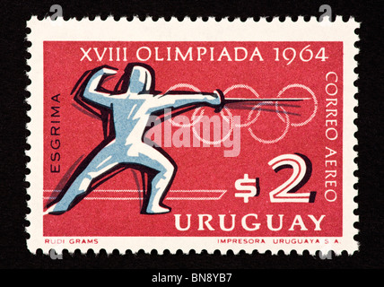 Briefmarke aus Uruguay Darstellung und Olympischen Fechter. Stockfoto