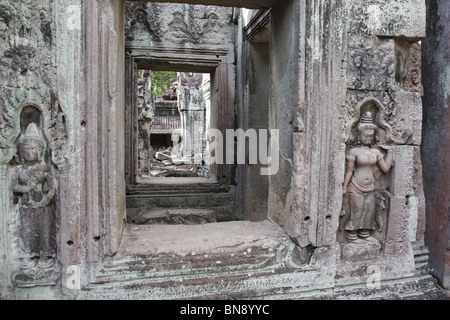 Korridor, flankiert von gesagt, weibliche Gottheiten in Preah Khan Tempel in Angkor Mülldeponien Park. Stockfoto