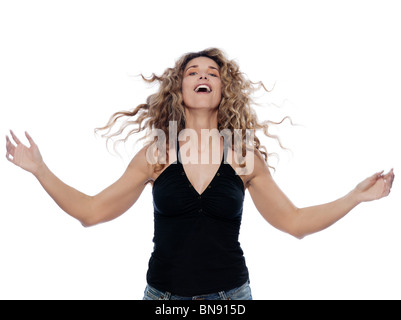 schöne kaukasischen Frau Arme geöffnet Portraitstudio isoliert auf weißem Hintergrund Stockfoto