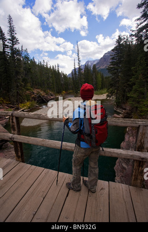 Frau Wanderer an der Saint Mary fällt in der Nähe von Saint Mary Lake, Glacier National Park Stockfoto