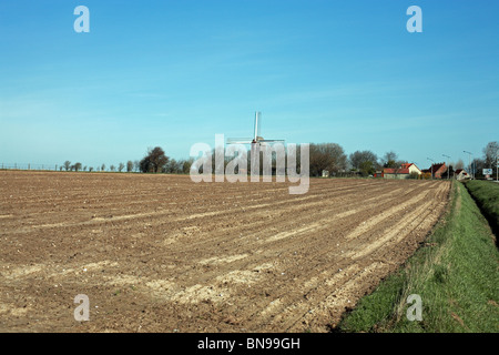 Blick auf die Moulin de Coquelles von über Felder während der frühen Frühling, Coquelles in der Nähe von Calais, Pas-de-Calais, Frankreich Stockfoto