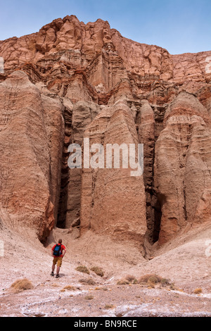 Ein Wanderer nähert sich die surreale roten Klippen von Red Rocks Canyon State Park in Kalifornien. Stockfoto