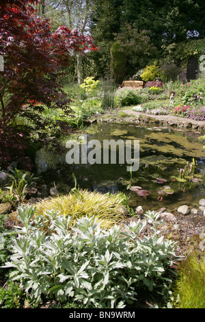 Stonyford Bauerngärten, England. Malerische Frühjahr Blick auf Teich und Blume Grenzen Stonyford Bauerngärten. Stockfoto