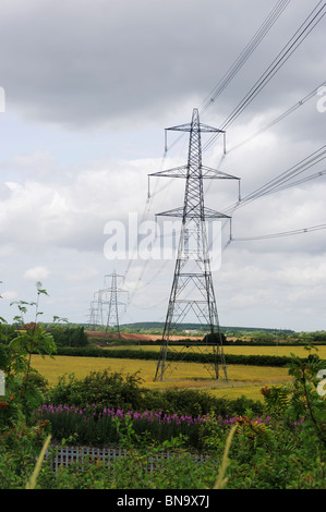 Pylone mit Hochspannung Stromleitungen Stockfoto
