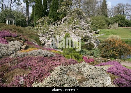 Cholmondeley Schlossgärten. Frühlings-Blick auf Cholmondeley Castle Tempel Wassergarten. Stockfoto